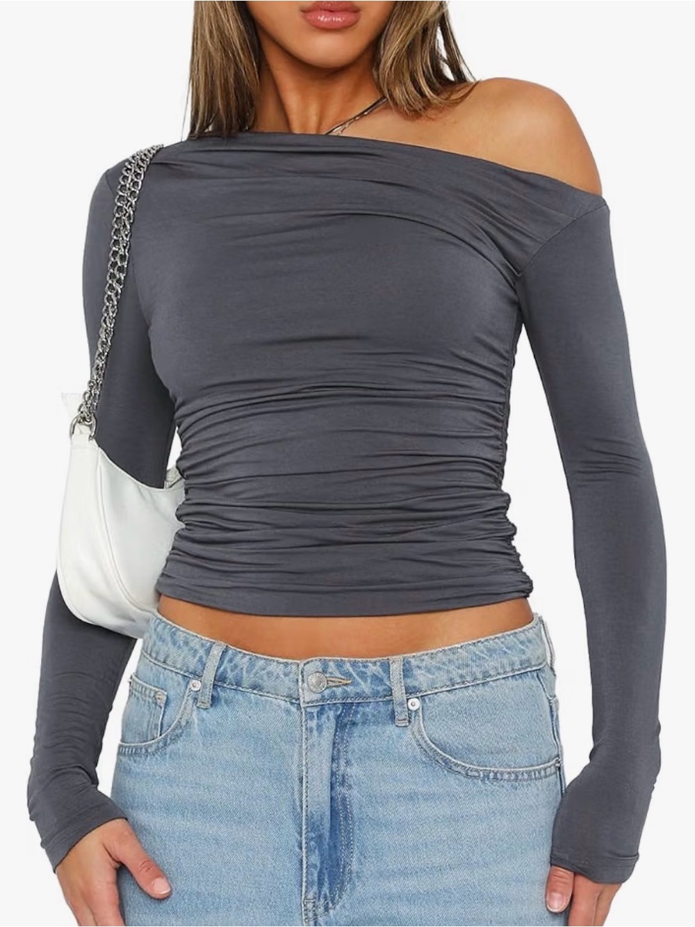 Ruched Off-Shoulder Long Sleeve Top - Charcoal Gray NEVER WORN